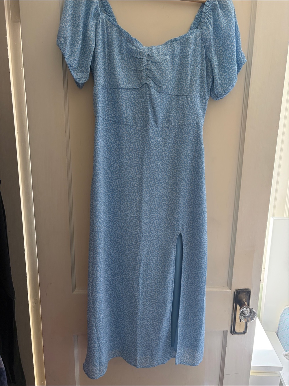 Hollister Light Blue Midi Dress with Ruched Bodice and Side Slit